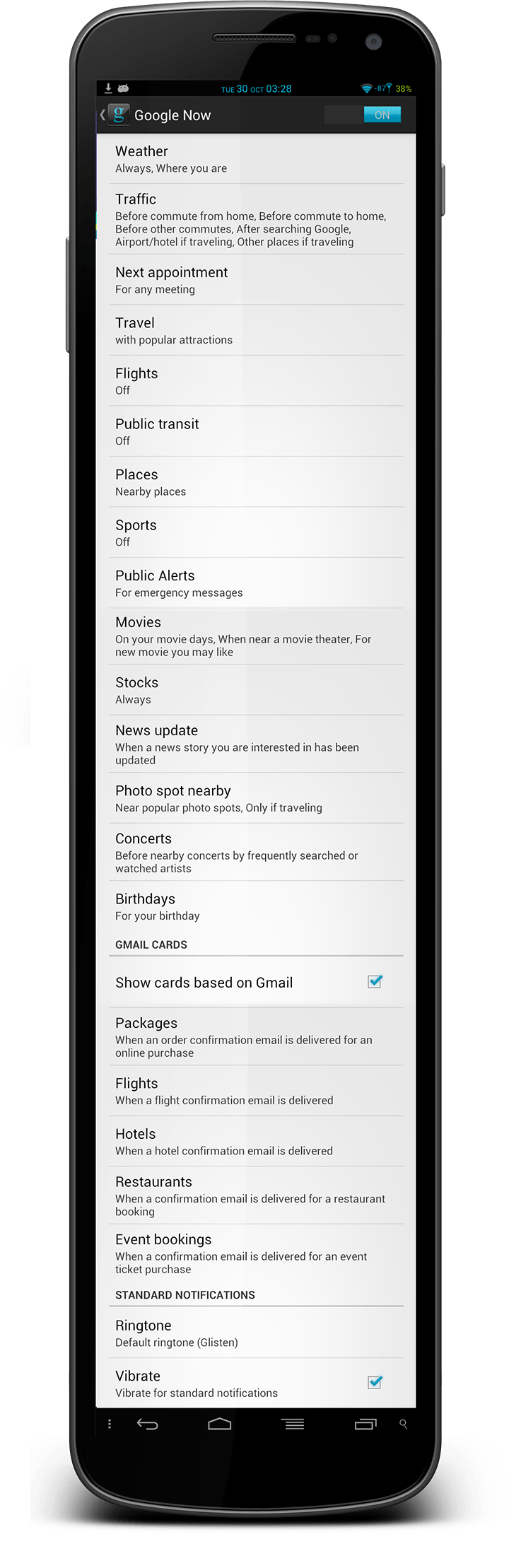 Google Now Settings